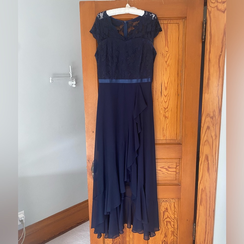Navy high-low dress. Size Large. Lace bodice. Worn once, in excellent condition.